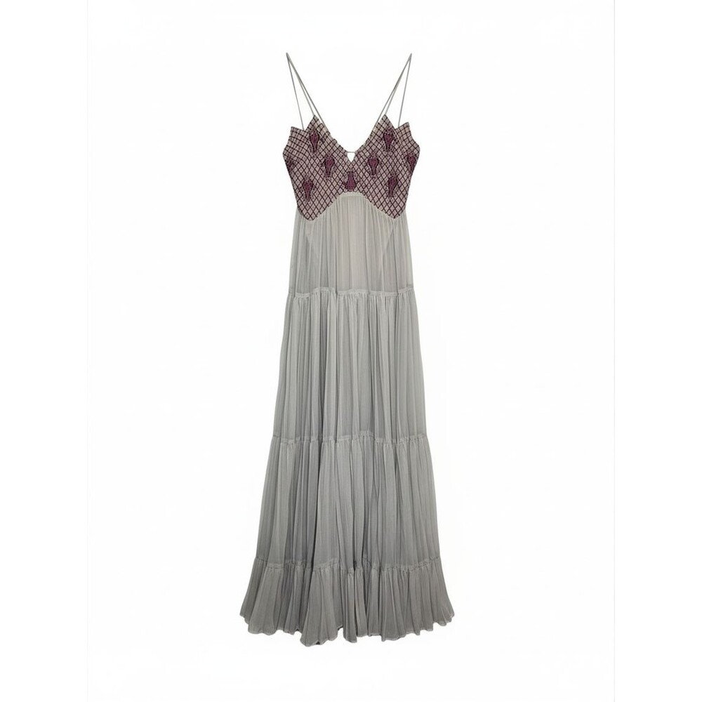 Free People FP Sample Beaded Embroidered Tiered Maxi Dress Gray S Fairy Boho